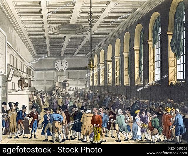The Long Room, Custom House. Circa 1808. After a work by August Pugin and Thomas Rowlandson in the Microcosm of London, published in three volumes between 1808...