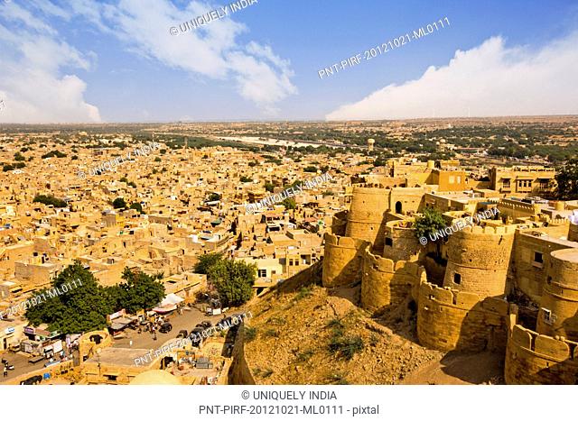 Town with fort on hill, Jaisalmer Fort, Jaisalmer, Rajasthan, India