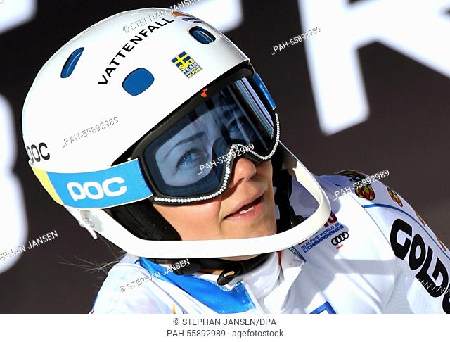 Frida Hansdotter of Sweden reacts after the first run of the womens slalom at the Alpine Skiing World Championships in Vail - Beaver Creek, Colorado, USA