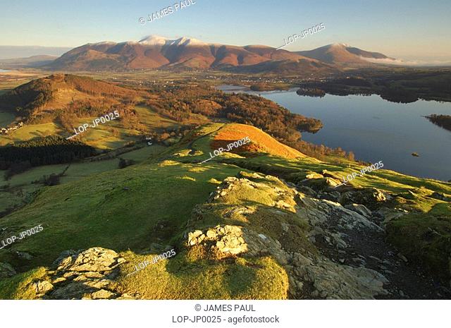 England, Cumbria, Keswick, A view across Derwent Water towards Skiddaw and Blencathra from Cat Bells