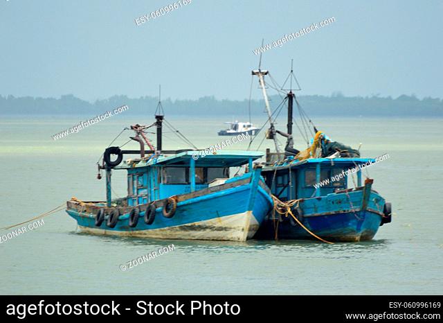 Tarakan, Indonesia-April 5, 2016. two Malaysian fishing boats as evidence to be detonated by Marine Police for acts of illegal fishing in Indonesian waters