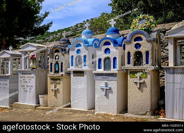 Theologos, Thassos, Greece - Greek Orthodox cemetery with traditional small prayer chapels in the mountain village of Theologos on the island of Thassos