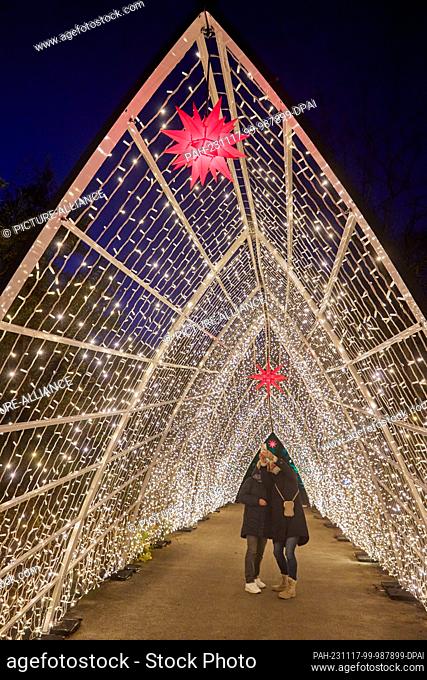 17 November 2023, Hamburg: Two visitors take a photo of themselves with their cell phones under a light installation in the ""Christmas Garden"" in the Loki...