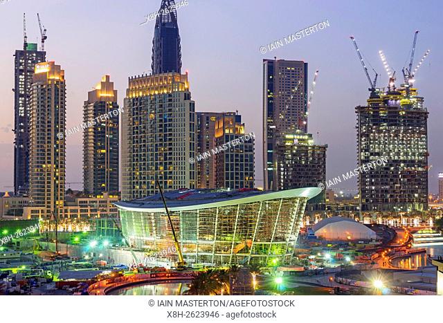 Construction site at night of new Opera House in Downtown Dubai United Arab Emirates