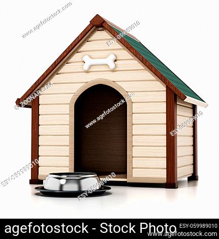 Doghouse and food bowl isolated on white background. 3D illustration