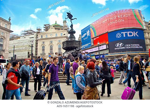 People and Tourists in Piccadilly Circus With Eros Statue  Soho  London  England  United Kingdom  UK  Europe