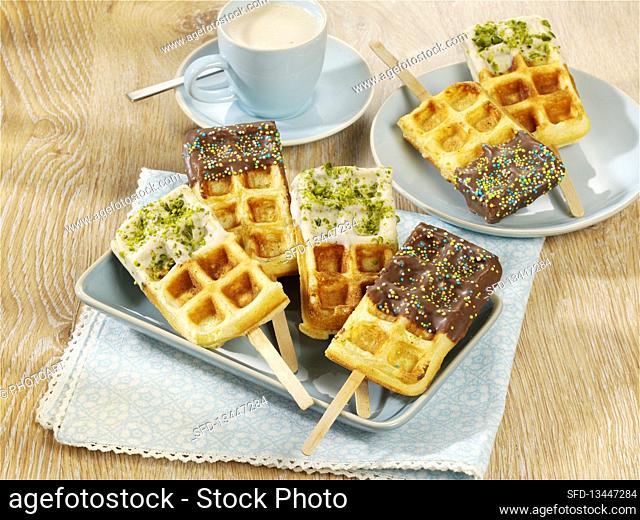 Waffles on sticks with chocolate glaze