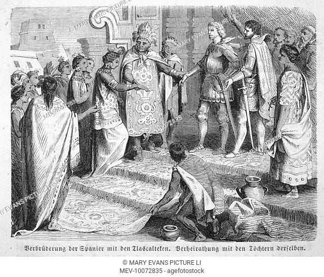 Cortes makes an alliance with the Tlaxcalans (enemies of the Aztecs) and betrothes some of his men to Tlaxcalan women