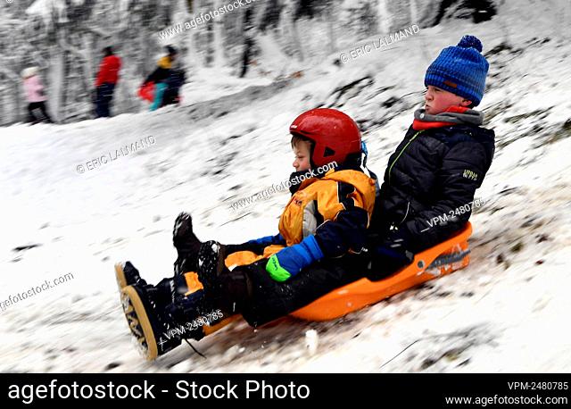 Illustration picture shows kids in a sledge at the ski station 'Thiers des Rexhons' in Spa, Thursday 27 February 2020. Thursday