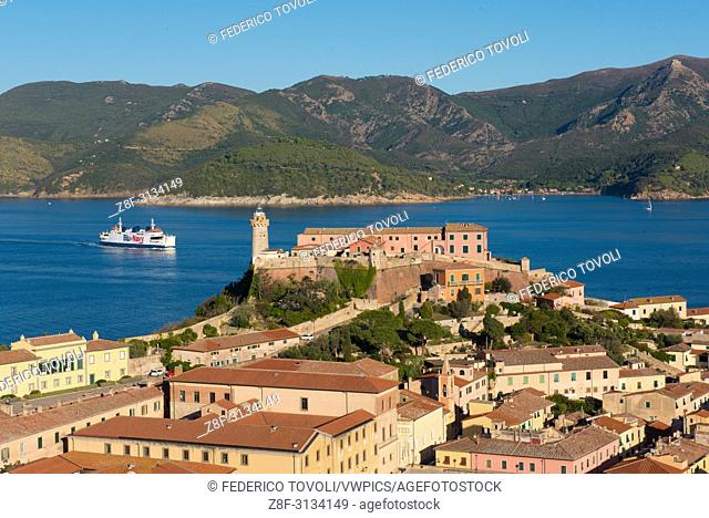 Porttoferraio. Landscape with ferry of Blue Navy Company