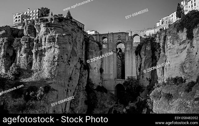 A black and white picture of the El Tajo Gorge (Ronda)