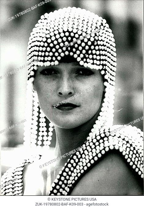 Aug. 02, 1978 - This ravishing headdress made of pearls crocheted together is a new creation by Parisian clothing designer Paco Rabanne for fall and winter of...