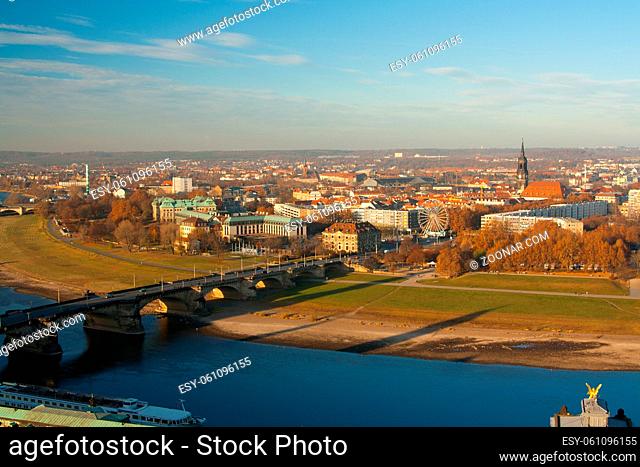 Old Town and of Katholische Hofkirche, Opera Semperoper, Dresden, Germany. Fly view