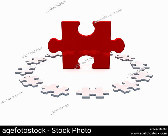 Red puzzle piece among white pieces, isolated on white background