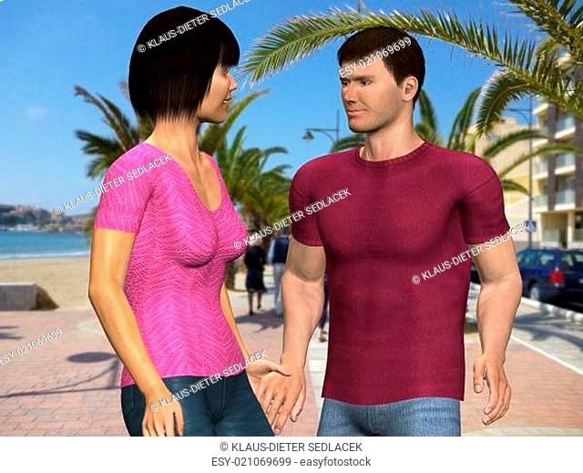 Ein verliebtes Paar trifft sich auf der Promenade unter Palmen