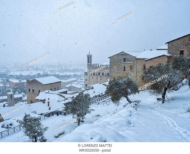 Consoli's Palace in winter, Gubbio, Umbria, Italy, Europe