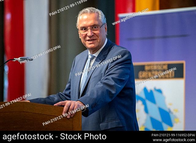 21 January 2021, Bavaria, Passau: Joachim Herrmann (CSU), Minister of the Interior of Bavaria, is speaking at a press conference to present the annual balance...