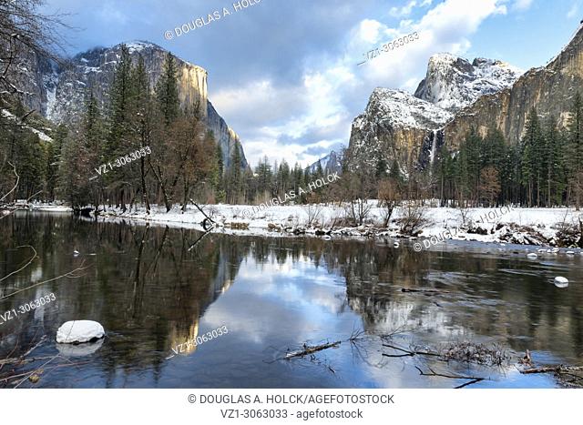 Valley View reflection of spring snow, Yosemite NP, USA
