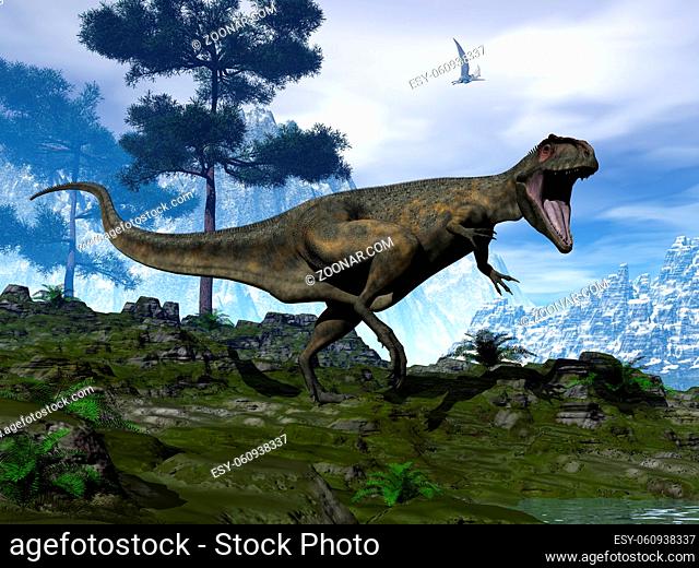Giganotosaurus dinosaur walking and roaring in the nature - 3D render