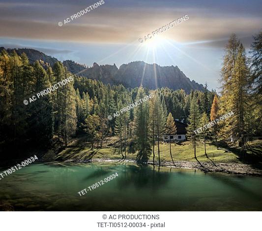 Lake and pine forest at sunrise in the Dolomites, South Tyrol, Italy
