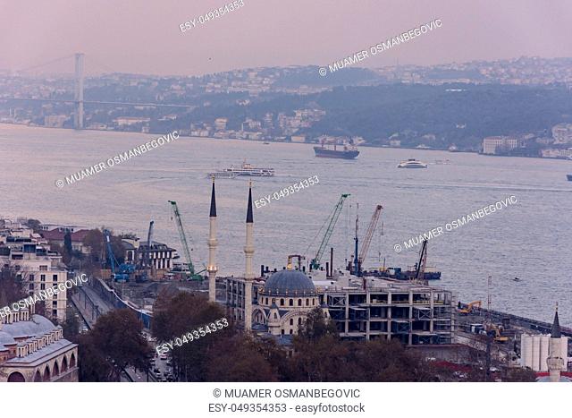 view to the Bosphorus during the foggy day from the Galata Tower