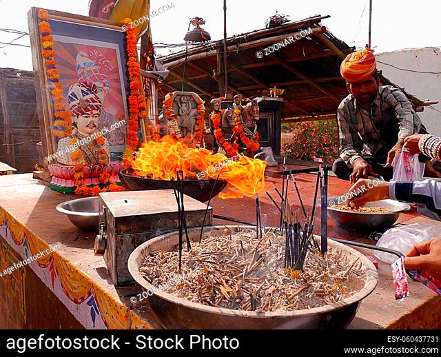 Holy shrine to Om Bana, the motorcycle god, Jodpur, Rajasthan, India. High quality photo