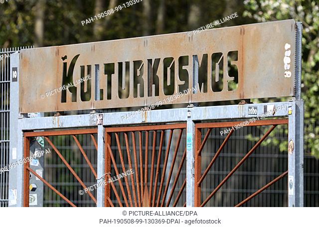 08 May 2019, Mecklenburg-Western Pomerania, Lärz: The word ""cultural cosmos"" can be seen at the gate to the entrance to the area of the cultural and music...
