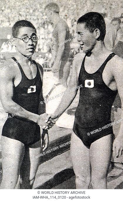 Photograph of Kusuo Kitamura (right) (1917 - 1996) and Shozo Makino (1915 - 1987) (left) at the 1932 Olympic games