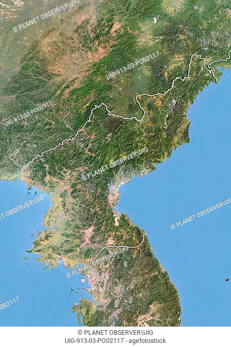 Satellite view of North Korea with Bump Effect with border. This image was compiled from data acquired by LANDSAT 5 & 7 satellites