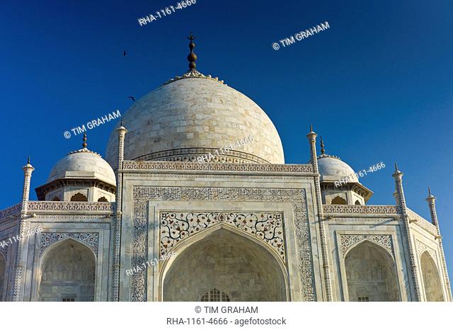 The Taj Mahal mausoleum with birds flying around the dome, southern view detail of iwans with bas relief marble, Uttar Pradesh, India