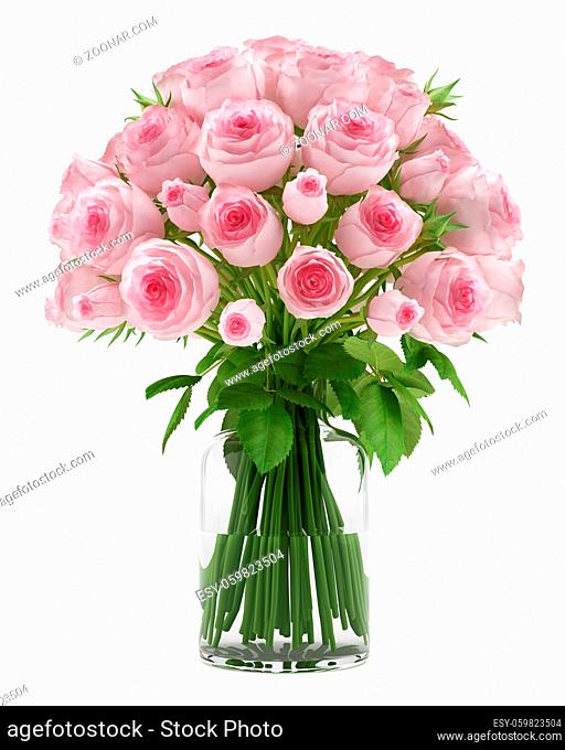 bouquet of pink roses in glass vase isolated on white background