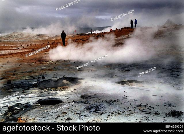 Geothermal area, solfatars, hot fumaroles, post volcanic exhalations, tourists, Námaskarð, Mývatn, Iceland, Europe