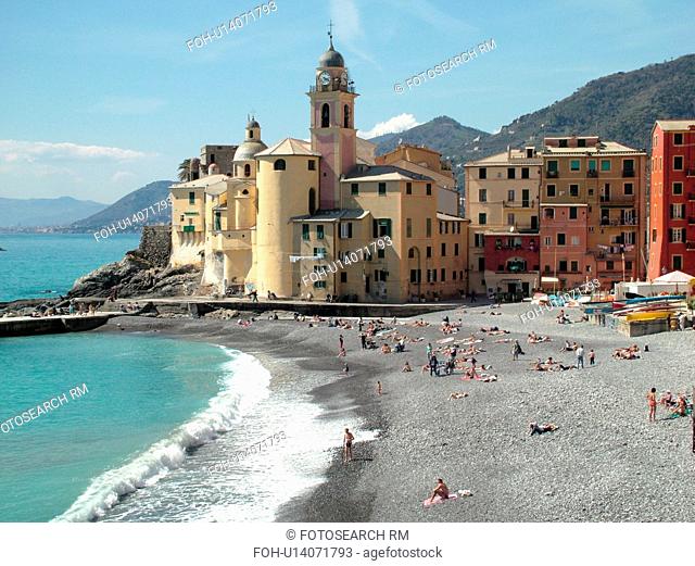 Camogli, Italy, Liguria, Riviera di Levante, Ligurian Riviera, Europe, The beach along the waterfront of the resort town of Camogli along the Ligurian Sea