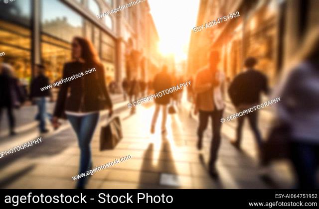 Busy shopping street in the city. Rush hour. Motion blurred crowd of shopping walking on busy fashion shop street. Crowd of people shoppers walking in the...