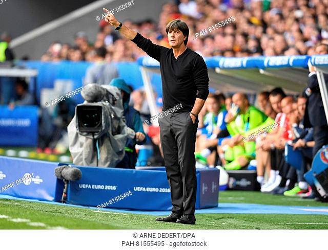 Head coach Joachim Loew of Germany gestures during the UEFA EURO 2016 Round of 16 soccer match between Germany and Slovakia at the Pierre Mauroy stadium in...
