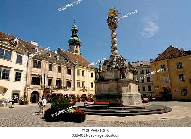 Monument with a lookout tower in the background, Fire Tower, Sopron, Gyor-Moson-Sopron County, Hungary