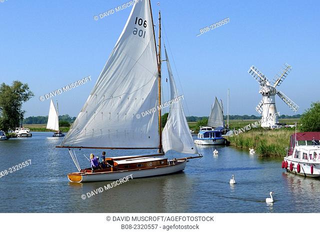 Leisure boats and the windmill, Thurne, Norfolk Broads, Britain