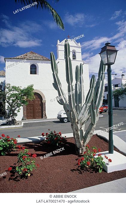White washed church in Plaza de los Remedios. Cactus plants, flowers and trees. Lamp. Cars parked