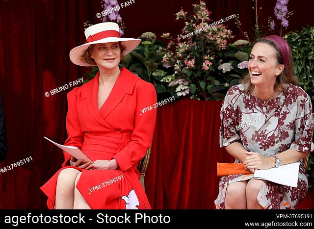 Princess Delphine and Princess Claire of Belgium pictured during the military and civilian parade on the Belgian National Day, in Brussels