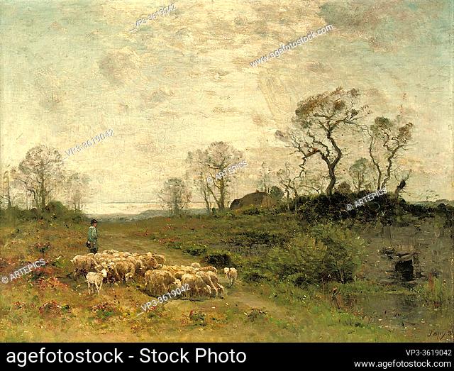 Japy Louis Aimé - Leading the Sheep Across a Flowering Meadow - French School - 19th Century
