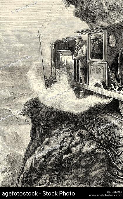 Journey from Colombo to Kandy, the Prince of Wales traveling by steam train through the Peak of Sensation, India. Old engraving illustration Prince of Wales...