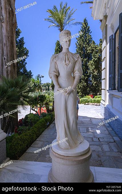 Statue of Empress Elisabeth of Austria known Sisi in front of Achilleion palace built in Gastouri on the Island of Corfu, Greece