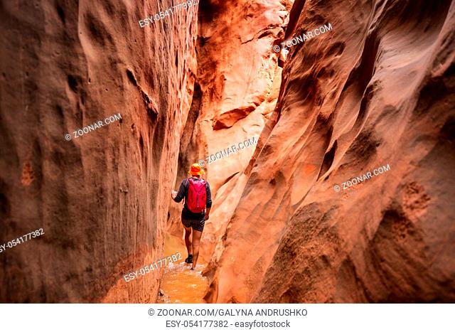 Slot canyon in Grand Staircase Escalante National park, Utah, USA. Unusual colorful sandstone formations in deserts of Utah are popular destination for hikers