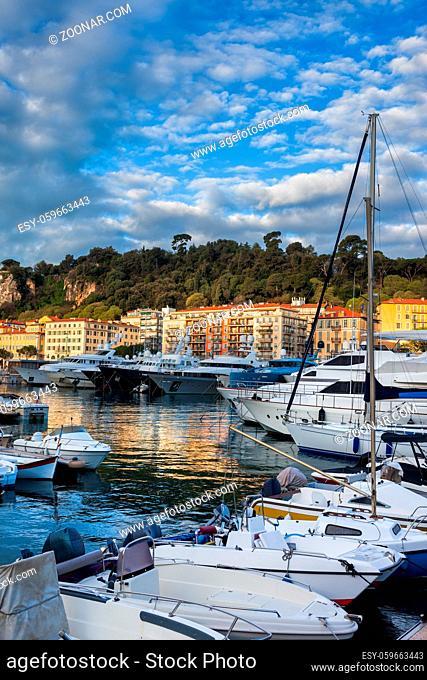 France, Cote d'Azur, Nice city, boats and yachts in Port of Nice at sunrise