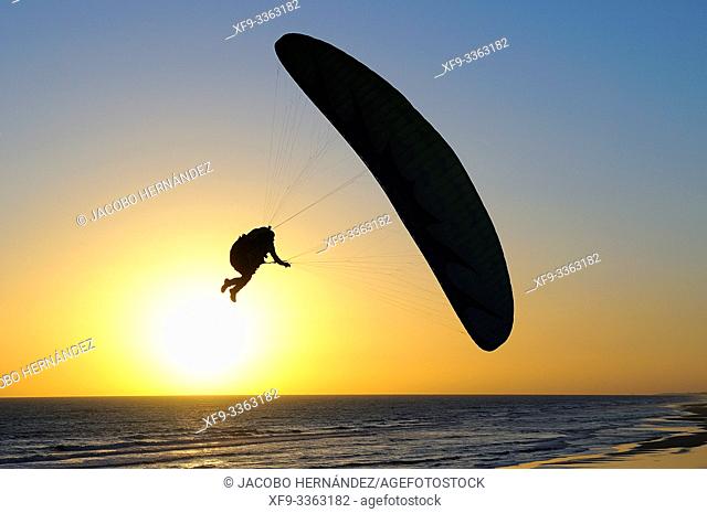 Paragliding in Matalascañas. Doñana Natural Park. Huelva province. Andalusia. Spain