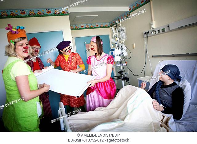 Reportage on the « Clowns of Hope » charity, who offer its services in the Department of Pediatric Hematology in Jeanne de Flandre hospital in Lille, France