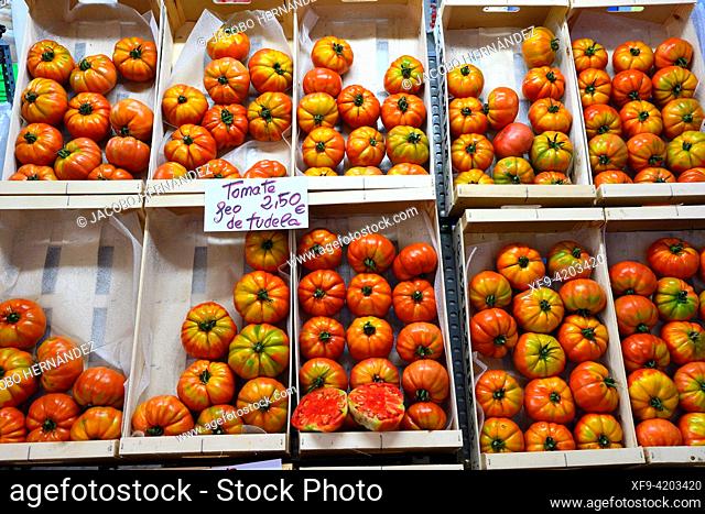Famous tomatoes in the market. Tudela. Navarra province. Spain