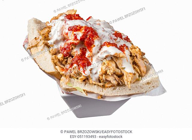 Kebab sandwich on white background. For fast food restaurant design or fast food menu. Top view