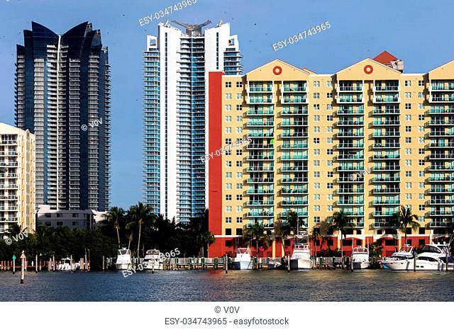 Skyline of the Sunny Isles Beach city located on a barrier island in northeast Miami-Dade County, Florida, often referred to as Florida's Riviera
