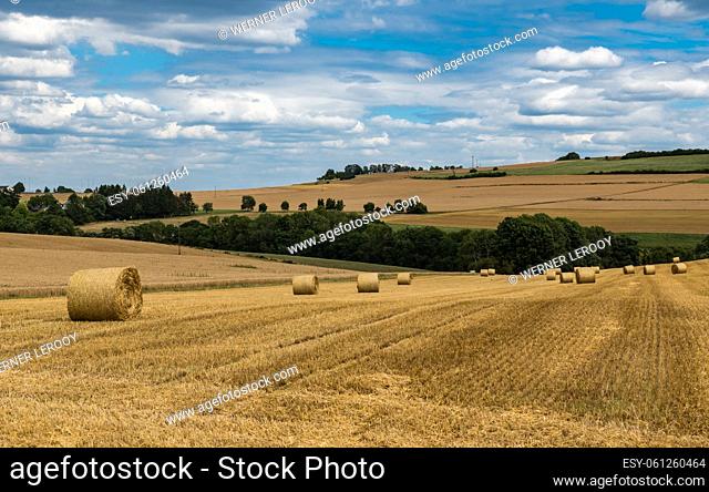 View over the German countryside in Rhineland-Palatinate with hay rolls and agriculture fields, Welschbillig, Germany